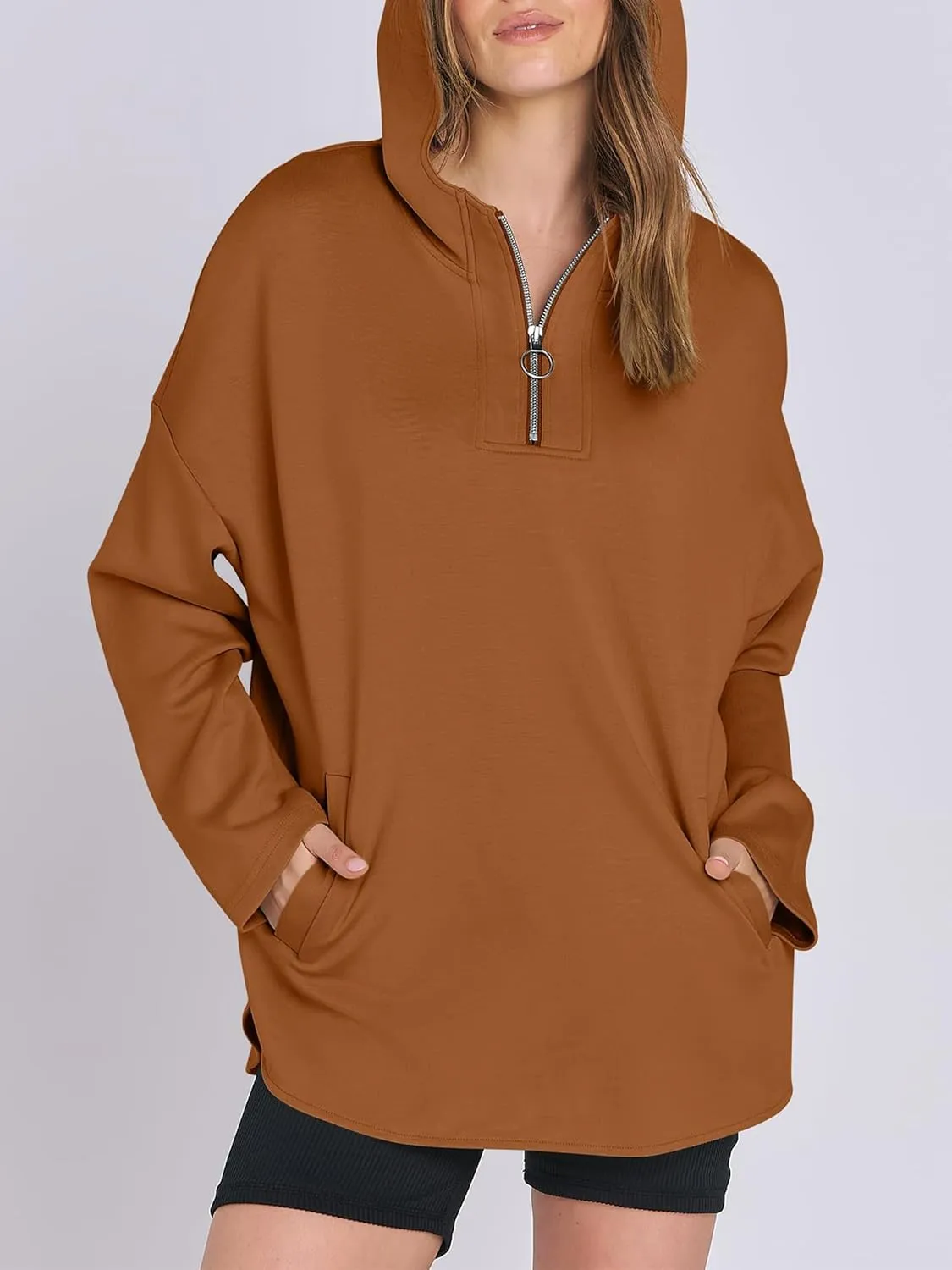 Womens Oversized Hoodie Quarter Zip Sweatshirts 2024 Fall Tunic Pullover Top Trendy Teen Girls Preppy Clothes