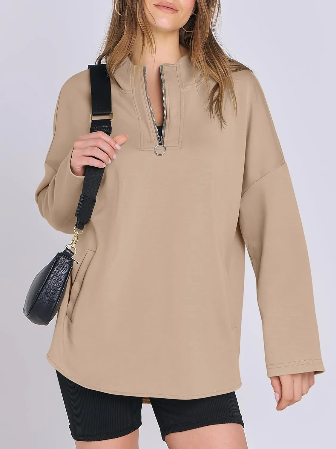 Womens Oversized Hoodie Quarter Zip Sweatshirts 2024 Fall Tunic Pullover Top Trendy Teen Girls Preppy Clothes