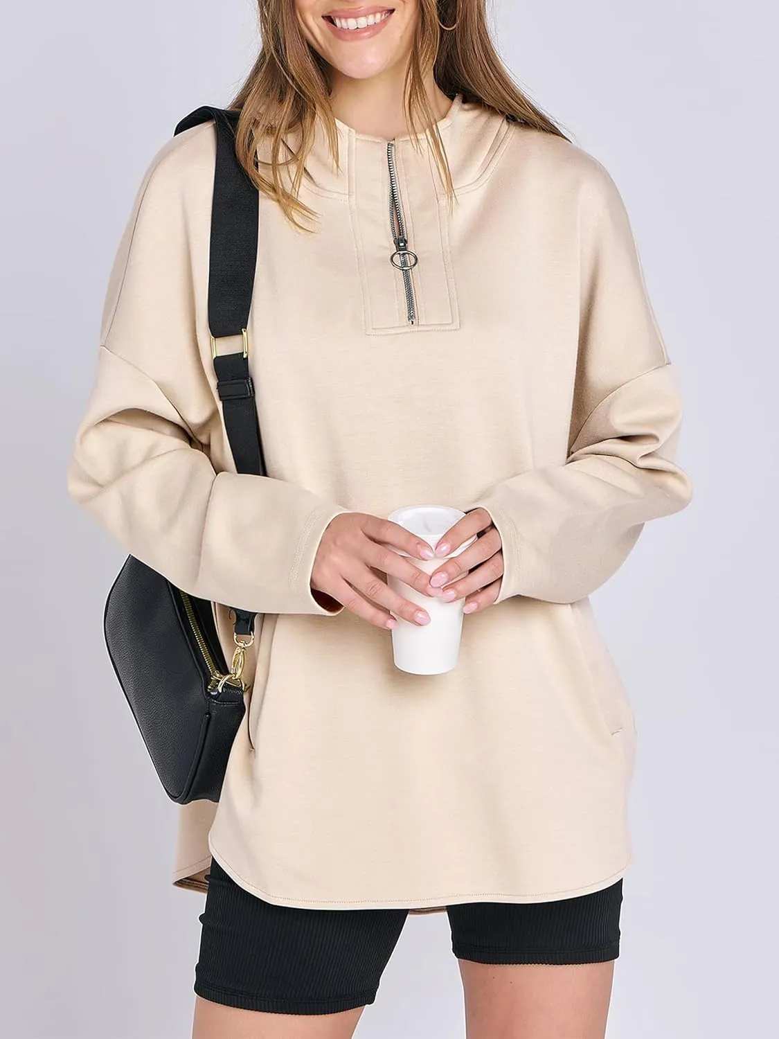 Womens Oversized Hoodie Quarter Zip Sweatshirts 2024 Fall Tunic Pullover Top Trendy Teen Girls Preppy Clothes