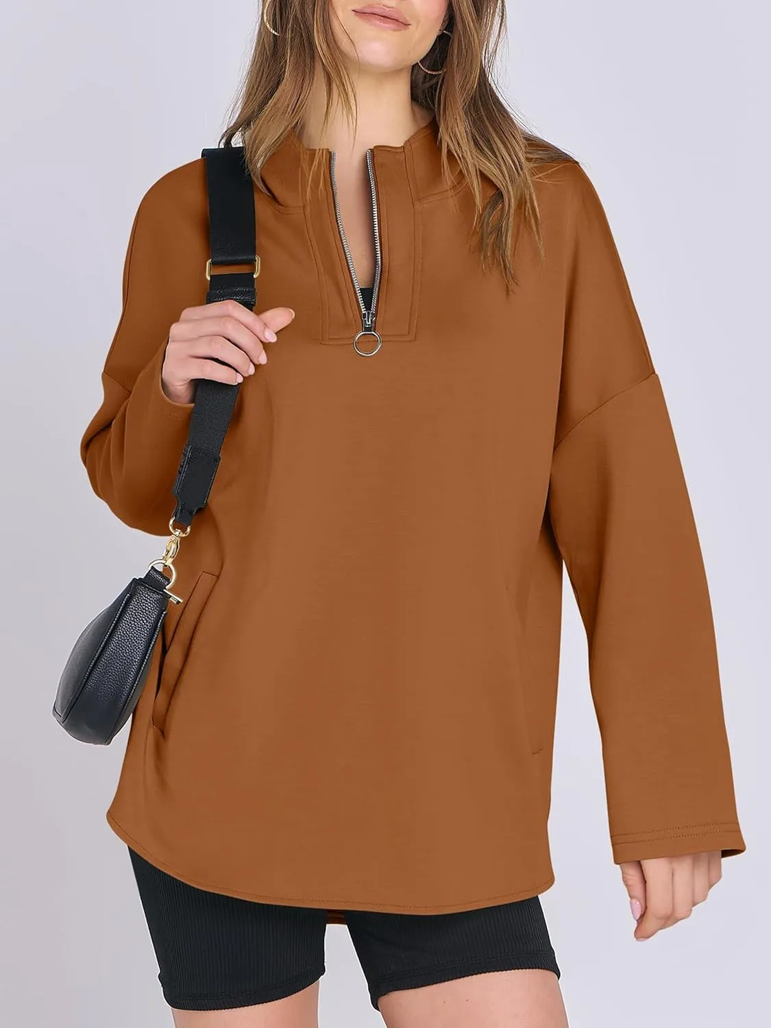 Womens Oversized Hoodie Quarter Zip Sweatshirts 2024 Fall Tunic Pullover Top Trendy Teen Girls Preppy Clothes