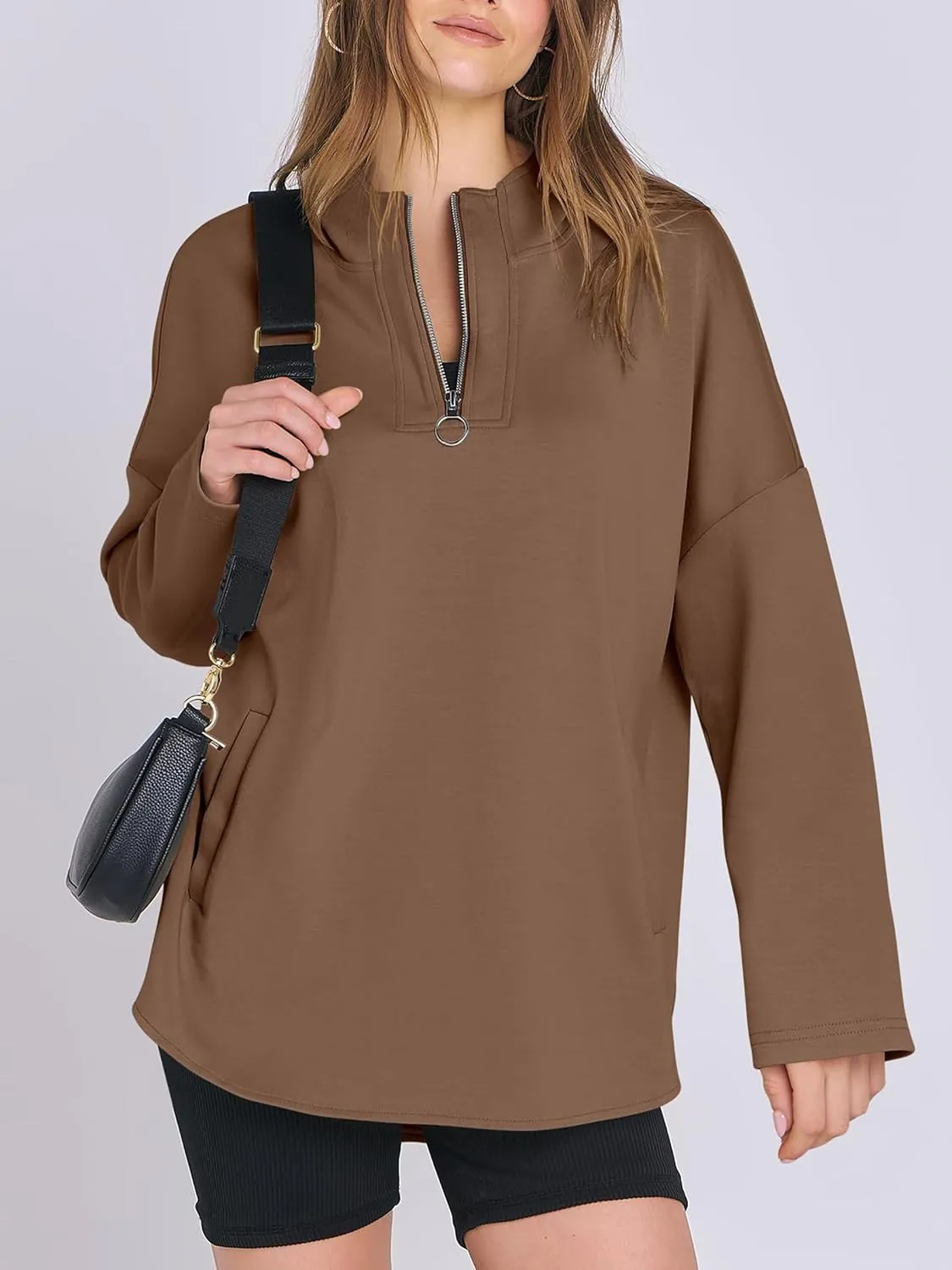 Womens Oversized Hoodie Quarter Zip Sweatshirts 2024 Fall Tunic Pullover Top Trendy Teen Girls Preppy Clothes