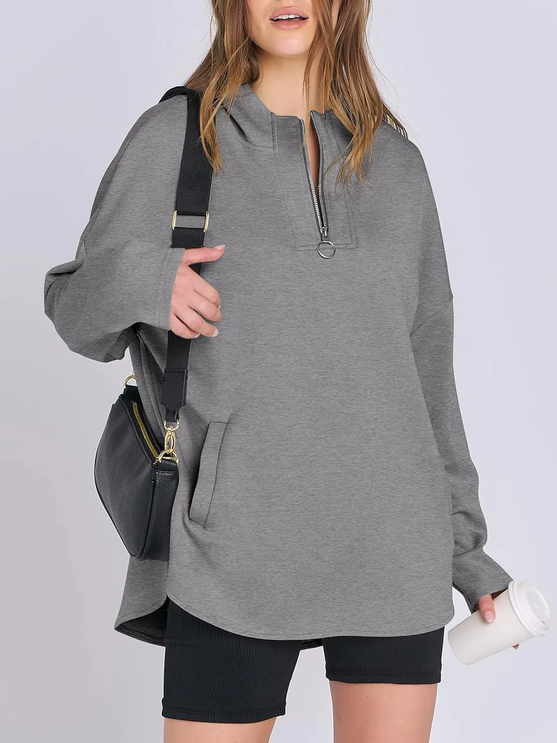 Womens Oversized Hoodie Quarter Zip Sweatshirts 2024 Fall Tunic Pullover Top Trendy Teen Girls Preppy Clothes