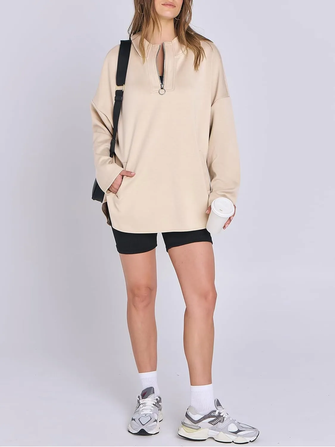 Womens Oversized Hoodie Quarter Zip Sweatshirts 2024 Fall Tunic Pullover Top Trendy Teen Girls Preppy Clothes
