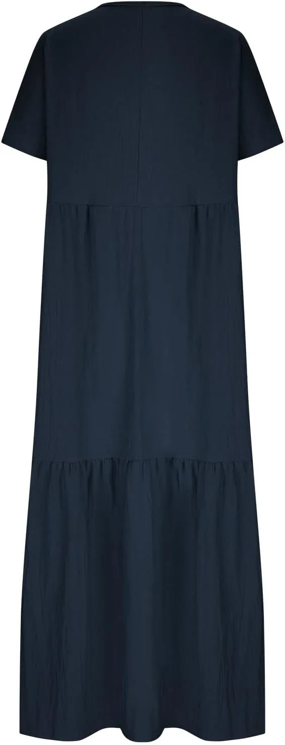 Womens Oversized Long Dress Flowy Cotton Linen Maxi Dresses Smocked Casual Floor Length Beach Dress Baggy Sundresses