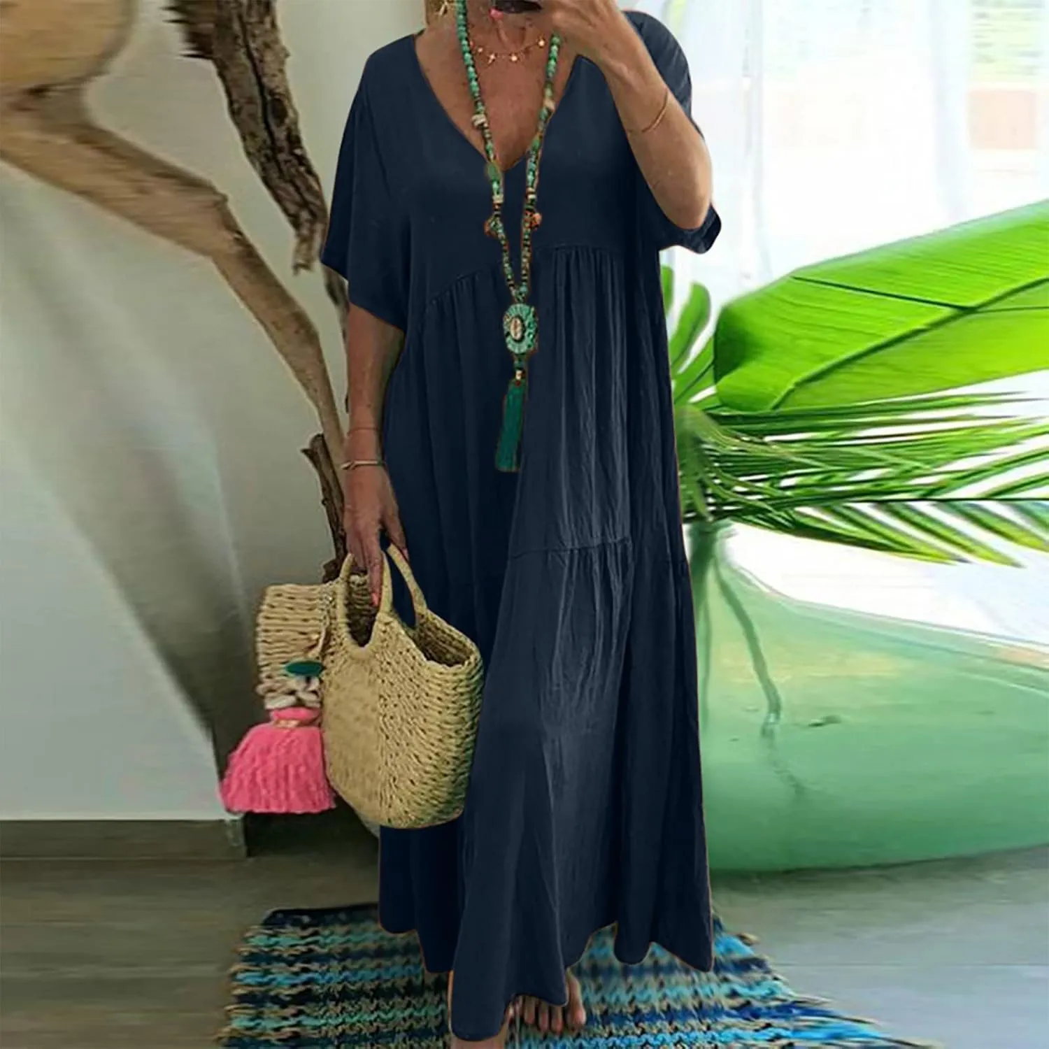 Womens Oversized Long Dress Flowy Cotton Linen Maxi Dresses Smocked Casual Floor Length Beach Dress Baggy Sundresses