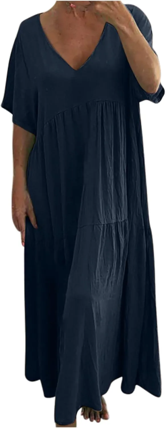 Womens Oversized Long Dress Flowy Cotton Linen Maxi Dresses Smocked Casual Floor Length Beach Dress Baggy Sundresses