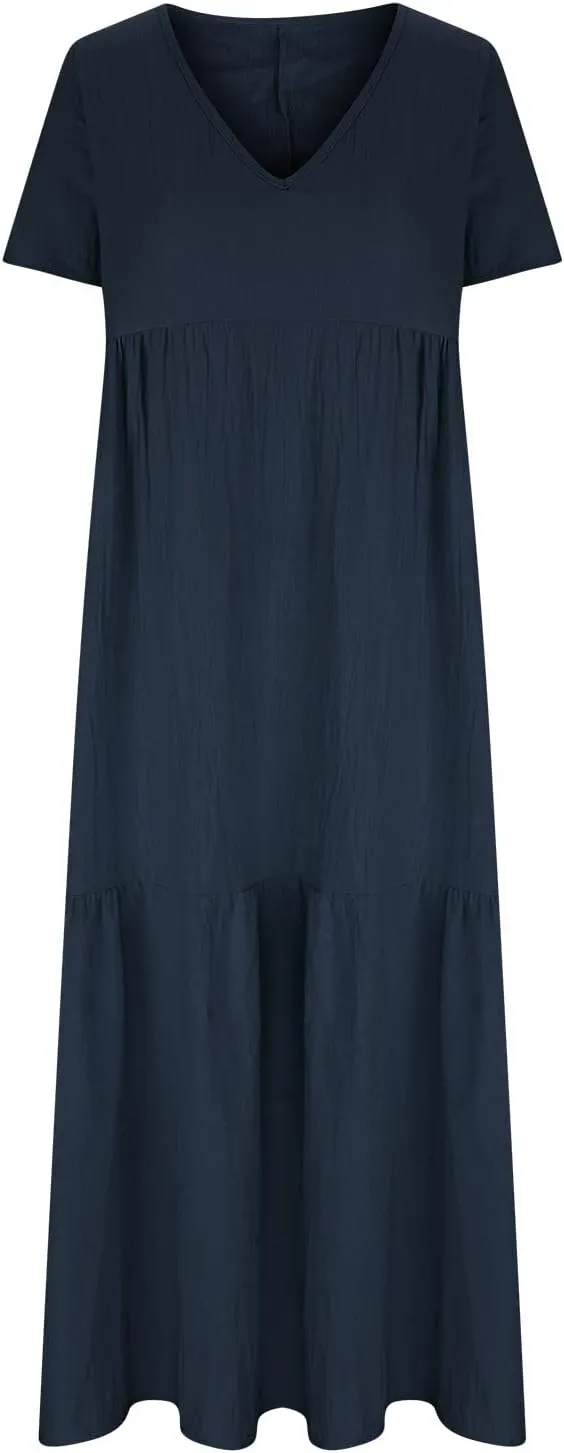 Womens Oversized Long Dress Flowy Cotton Linen Maxi Dresses Smocked Casual Floor Length Beach Dress Baggy Sundresses