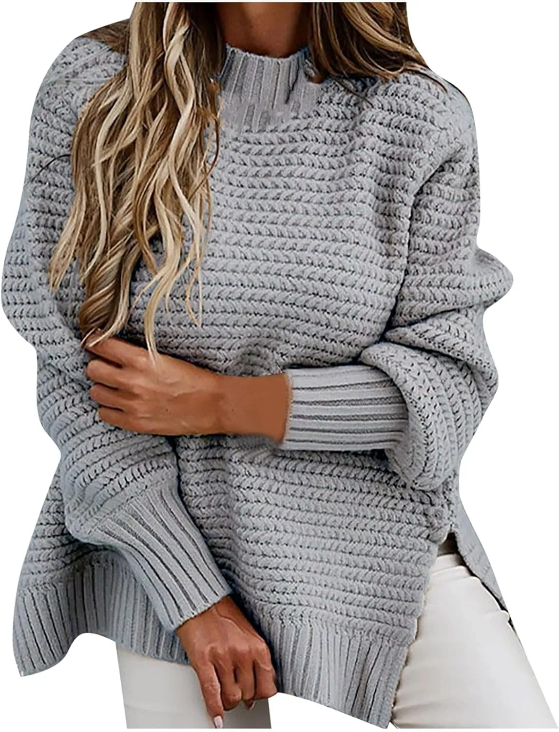 Womens Oversized Sweater Long Sleeve Spilt Hem Pullover Sweaters Cable Knit Chunky Jumper Tops Cozy Soft Knitwear