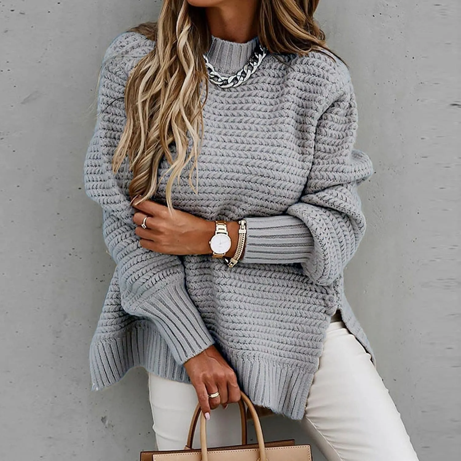 Womens Oversized Sweater Long Sleeve Spilt Hem Pullover Sweaters Cable Knit Chunky Jumper Tops Cozy Soft Knitwear