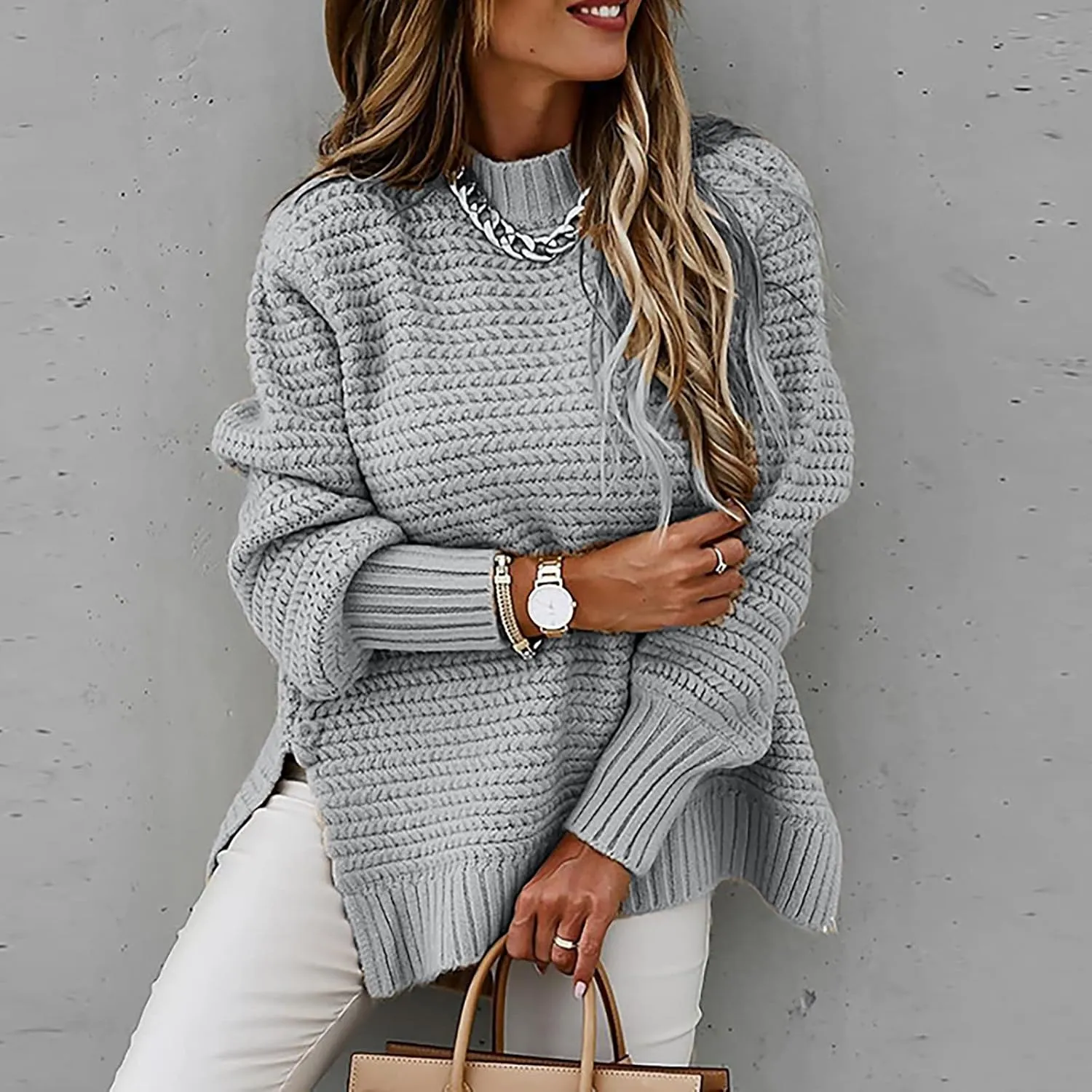 Womens Oversized Sweater Long Sleeve Spilt Hem Pullover Sweaters Cable Knit Chunky Jumper Tops Cozy Soft Knitwear