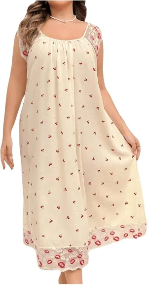 Women's Plus Size Heart Cherry Print Nightgown Sleeveless Pajamas Lace Trim Sleep Dress Sleepwear