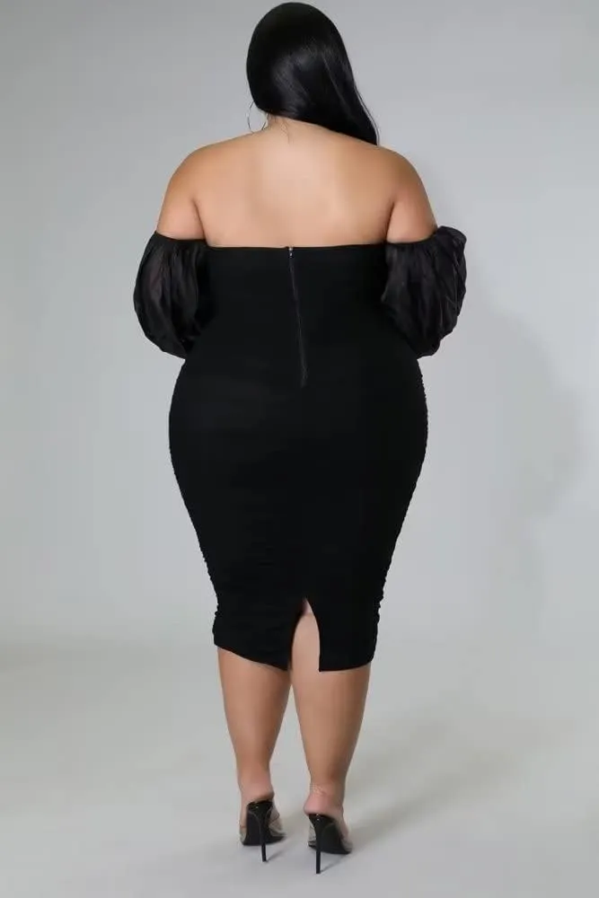 Women's Plus Size Off The Shoulder Mesh Long Sleeve Bodycon Ruched Midi Party Cocktail Dress