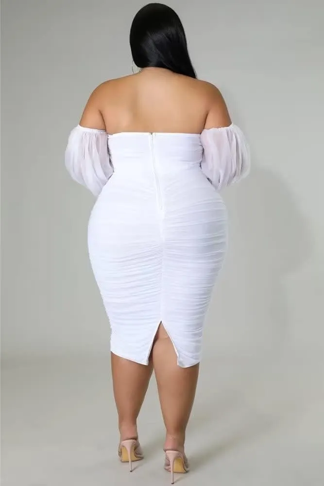 Women's Plus Size Off The Shoulder Mesh Long Sleeve Bodycon Ruched Midi Party Cocktail Dress
