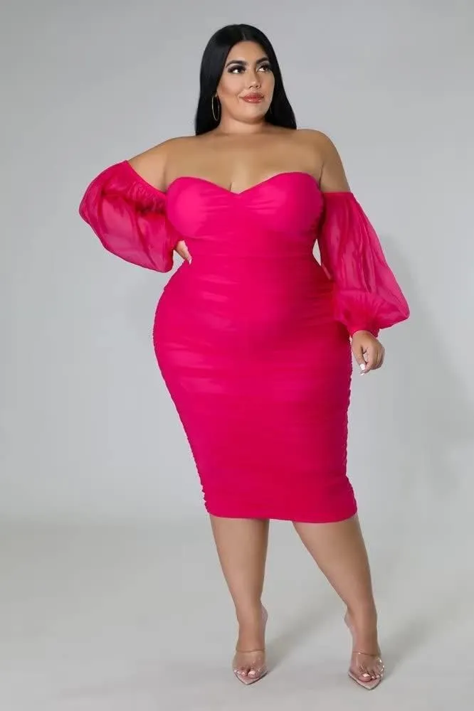Women's Plus Size Off The Shoulder Mesh Long Sleeve Bodycon Ruched Midi Party Cocktail Dress