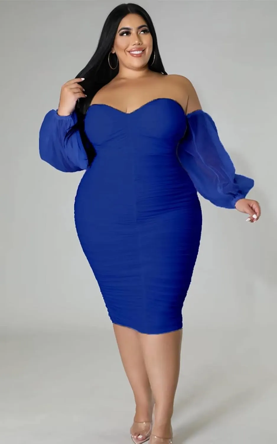 Women's Plus Size Off The Shoulder Mesh Long Sleeve Bodycon Ruched Midi Party Cocktail Dress
