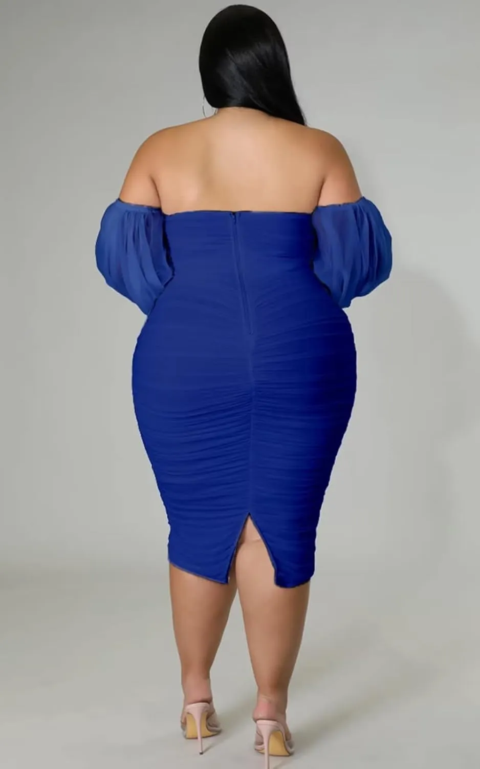 Women's Plus Size Off The Shoulder Mesh Long Sleeve Bodycon Ruched Midi Party Cocktail Dress