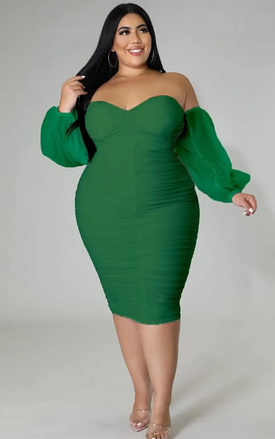 Women's Plus Size Off The Shoulder Mesh Long Sleeve Bodycon Ruched Midi Party Cocktail Dress