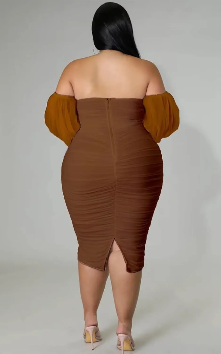 Women's Plus Size Off The Shoulder Mesh Long Sleeve Bodycon Ruched Midi Party Cocktail Dress
