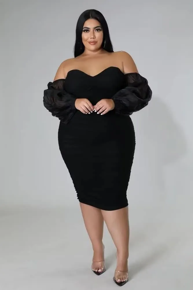 Women's Plus Size Off The Shoulder Mesh Long Sleeve Bodycon Ruched Midi Party Cocktail Dress
