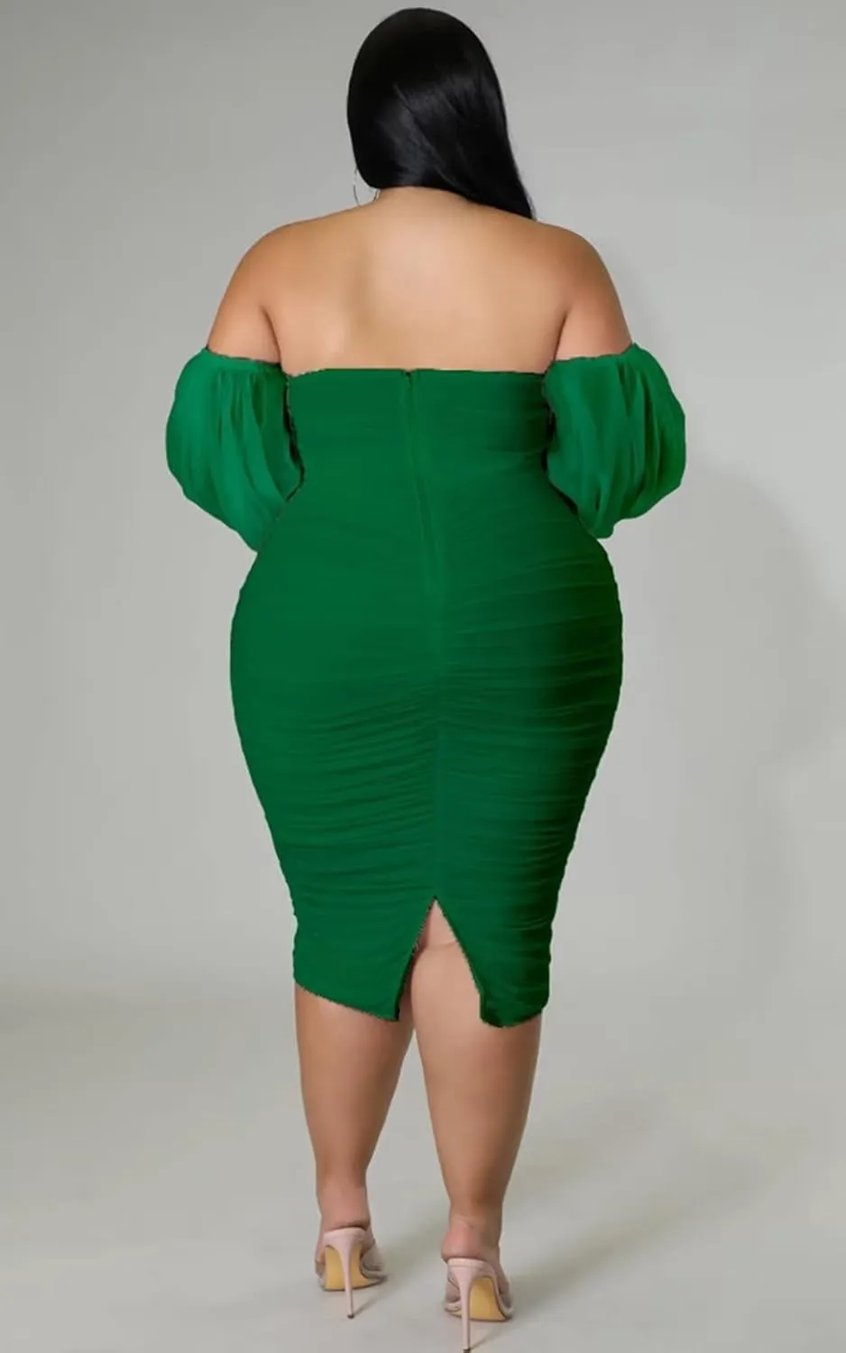 Women's Plus Size Off The Shoulder Mesh Long Sleeve Bodycon Ruched Midi Party Cocktail Dress
