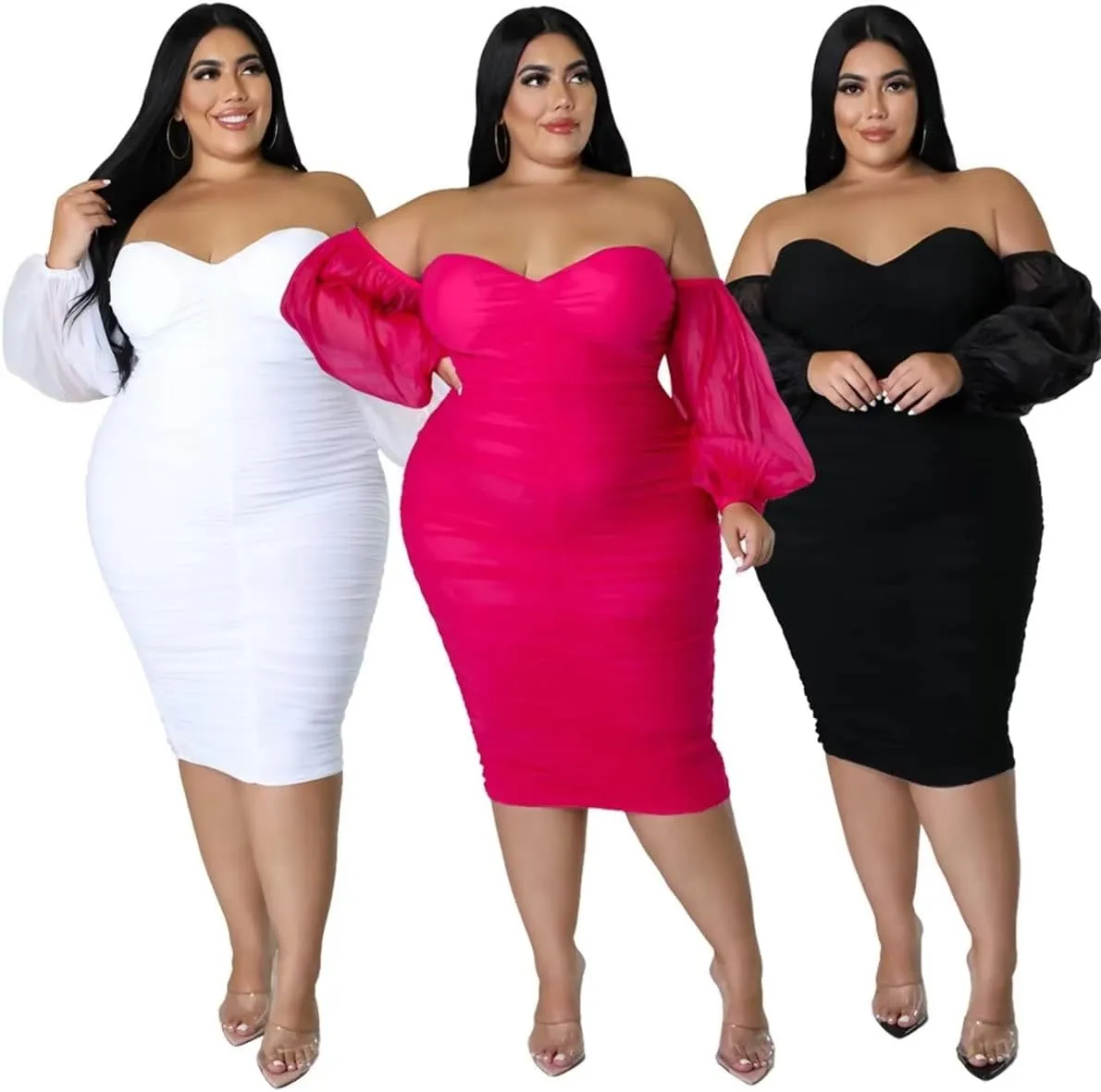 Women's Plus Size Off The Shoulder Mesh Long Sleeve Bodycon Ruched Midi Party Cocktail Dress