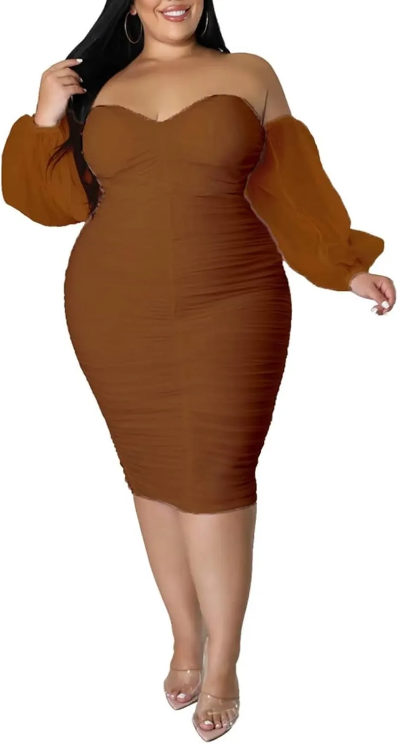 Women's Plus Size Off The Shoulder Mesh Long Sleeve Bodycon Ruched Midi Party Cocktail Dress