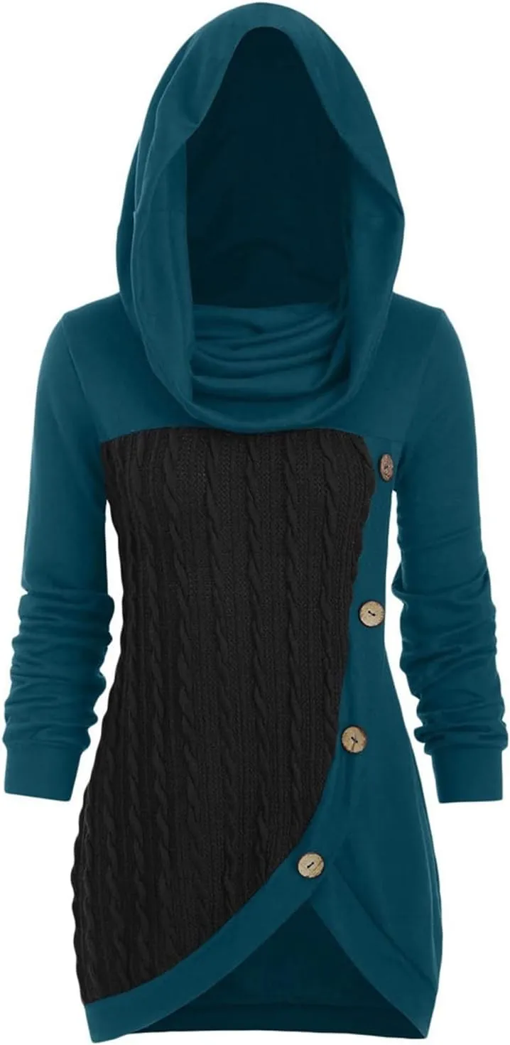 Women's Pullover Sweaters Plus Size O-Neck Long Sleeve Solid Botton Pachwork Asymmetric Tops Sweater, S-5XL