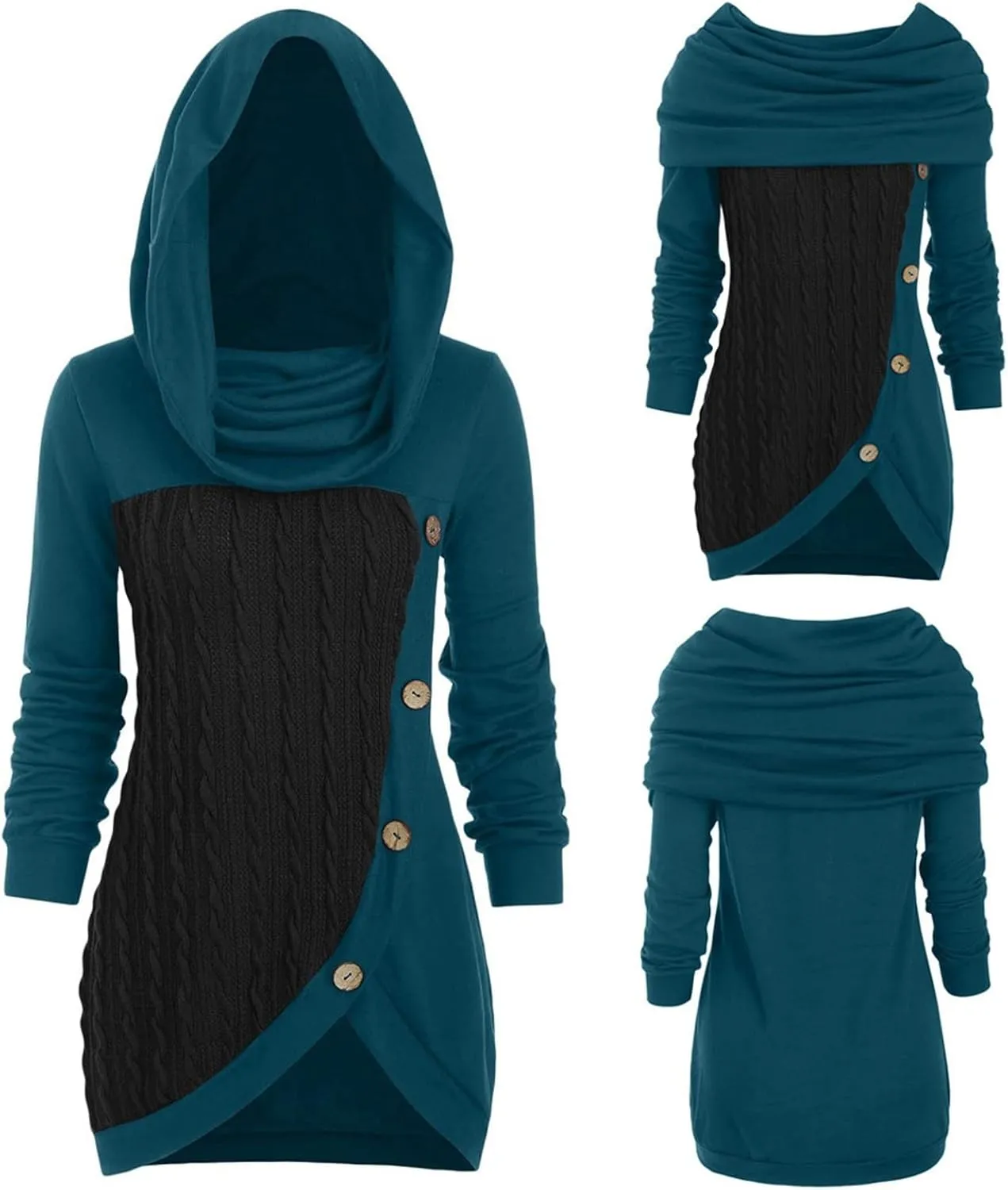 Women's Pullover Sweaters Plus Size O-Neck Long Sleeve Solid Botton Pachwork Asymmetric Tops Sweater, S-5XL