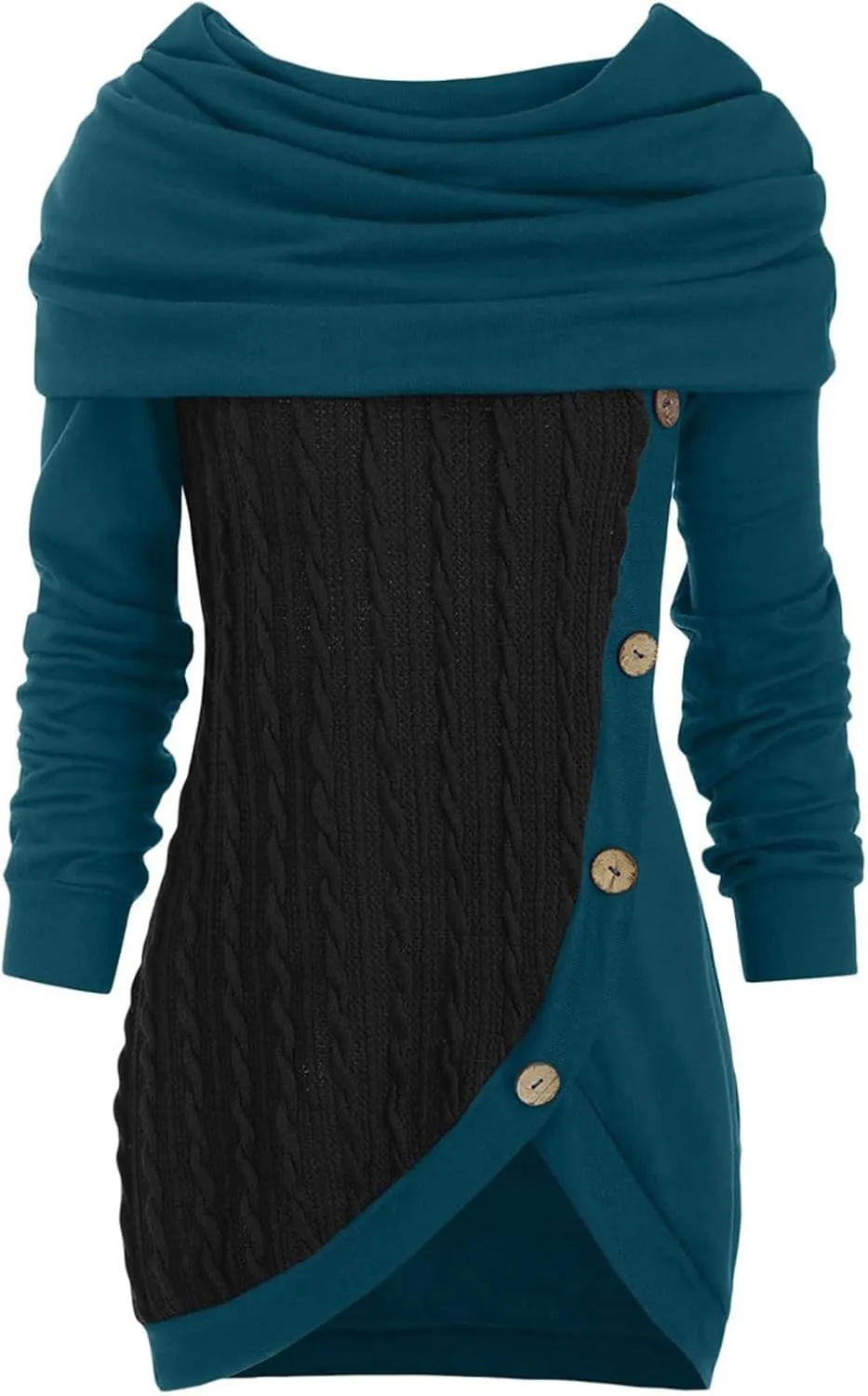 Women's Pullover Sweaters Plus Size O-Neck Long Sleeve Solid Botton Pachwork Asymmetric Tops Sweater, S-5XL