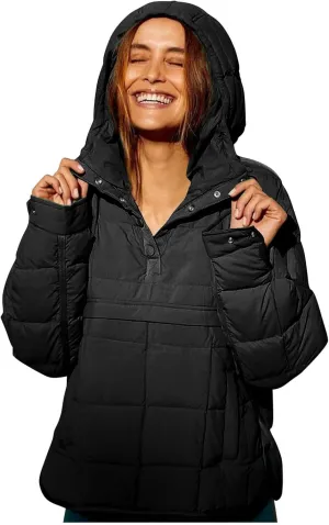 Women's Quilted Pullover Puffer Jacket Hooded Oversize Coat Tops Winter Warm Padded Hoodies Outwear with Pockets