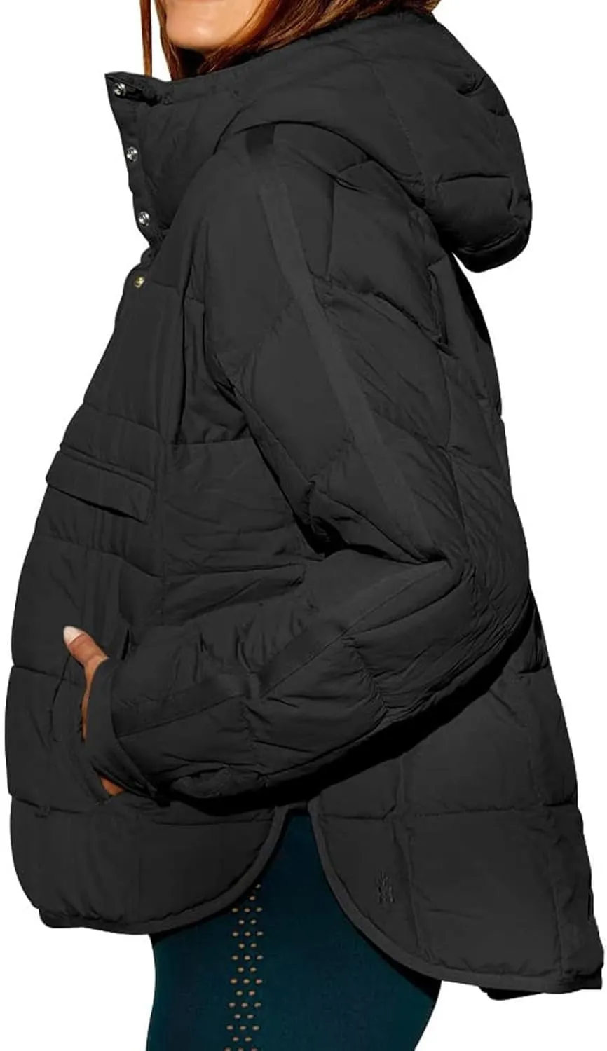 Women's Quilted Pullover Puffer Jacket Hooded Oversize Coat Tops Winter Warm Padded Hoodies Outwear with Pockets