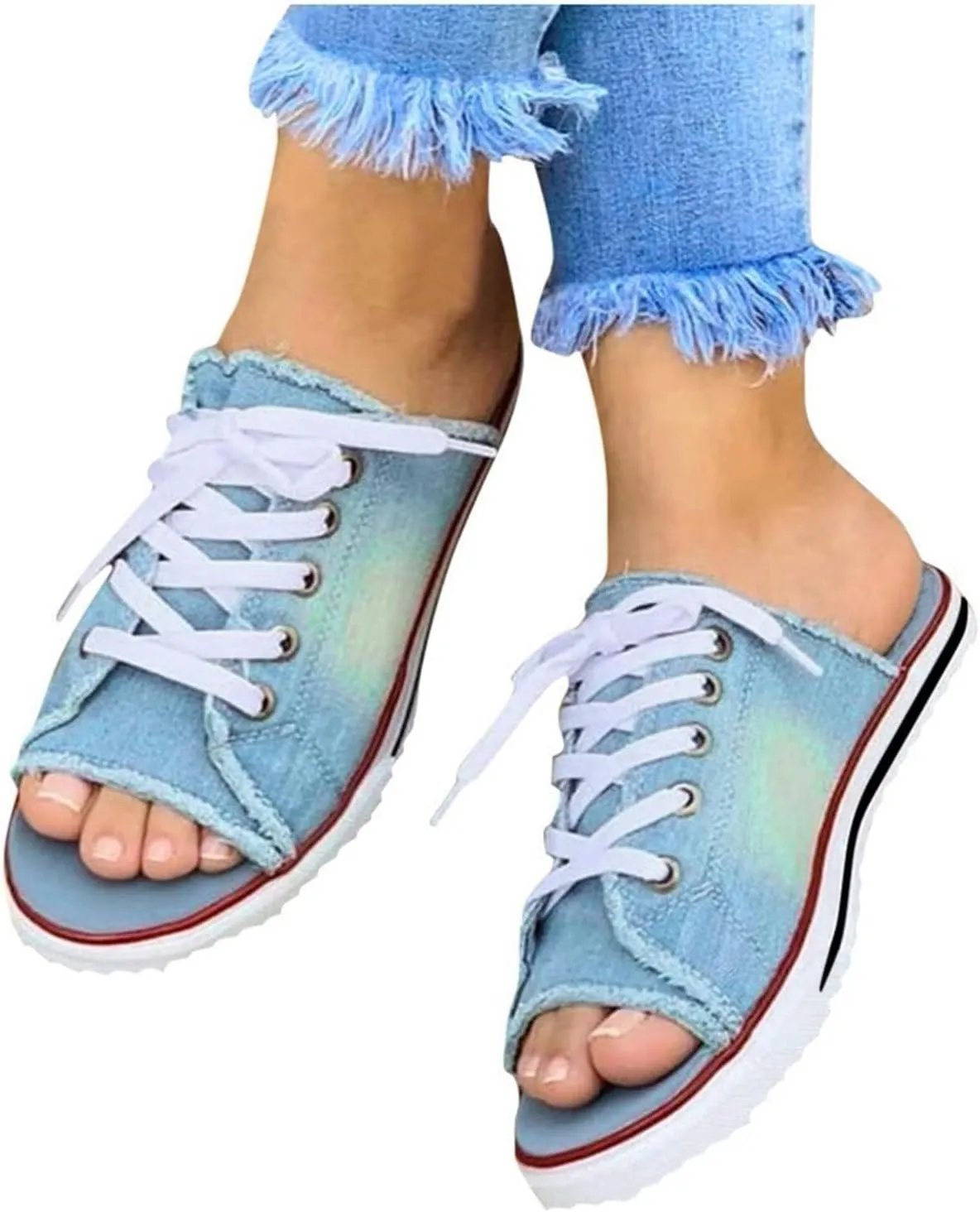 Womens Sandals 2025 Denim Lace-up Casual Flat Sandals Summer Fashion Slide Slipper Sandals