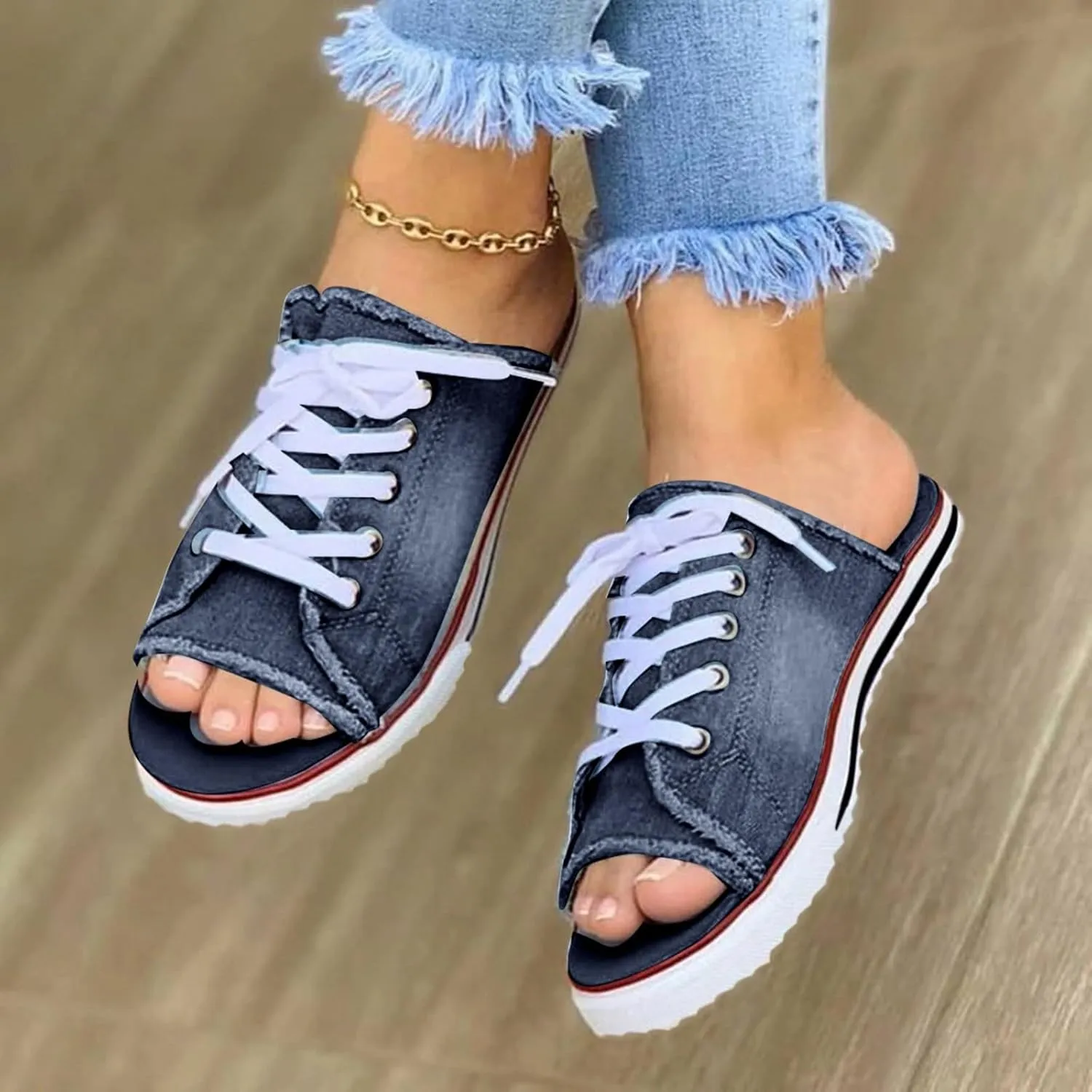Womens Sandals 2025 Denim Lace-up Casual Flat Sandals Summer Fashion Slide Slipper Sandals