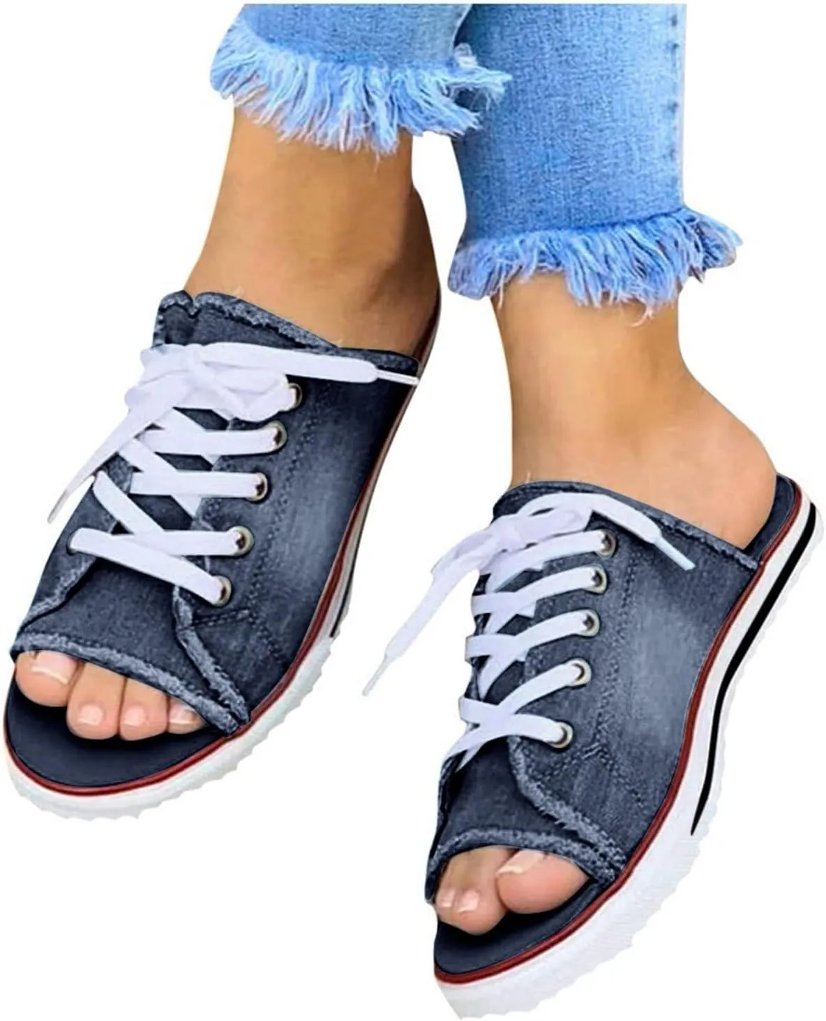 Womens Sandals 2025 Denim Lace-up Casual Flat Sandals Summer Fashion Slide Slipper Sandals