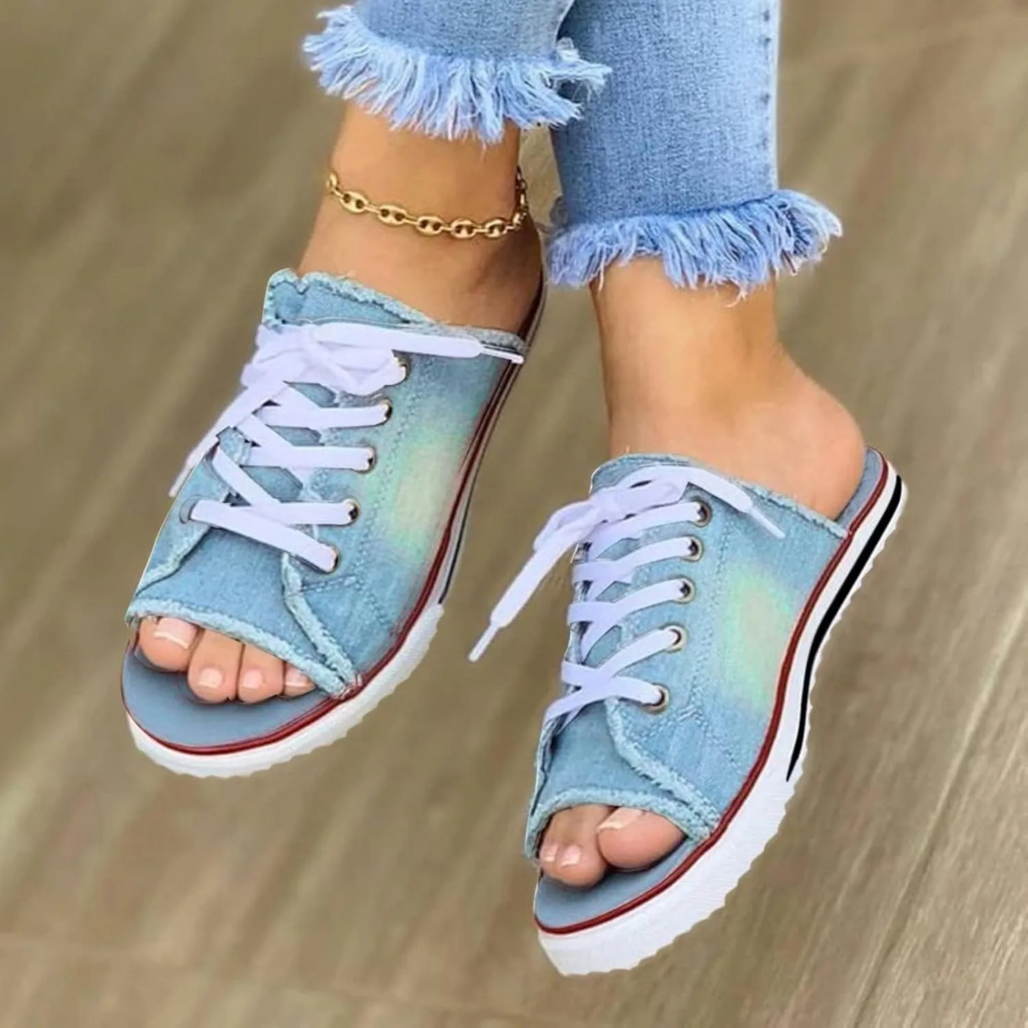 Womens Sandals 2025 Denim Lace-up Casual Flat Sandals Summer Fashion Slide Slipper Sandals