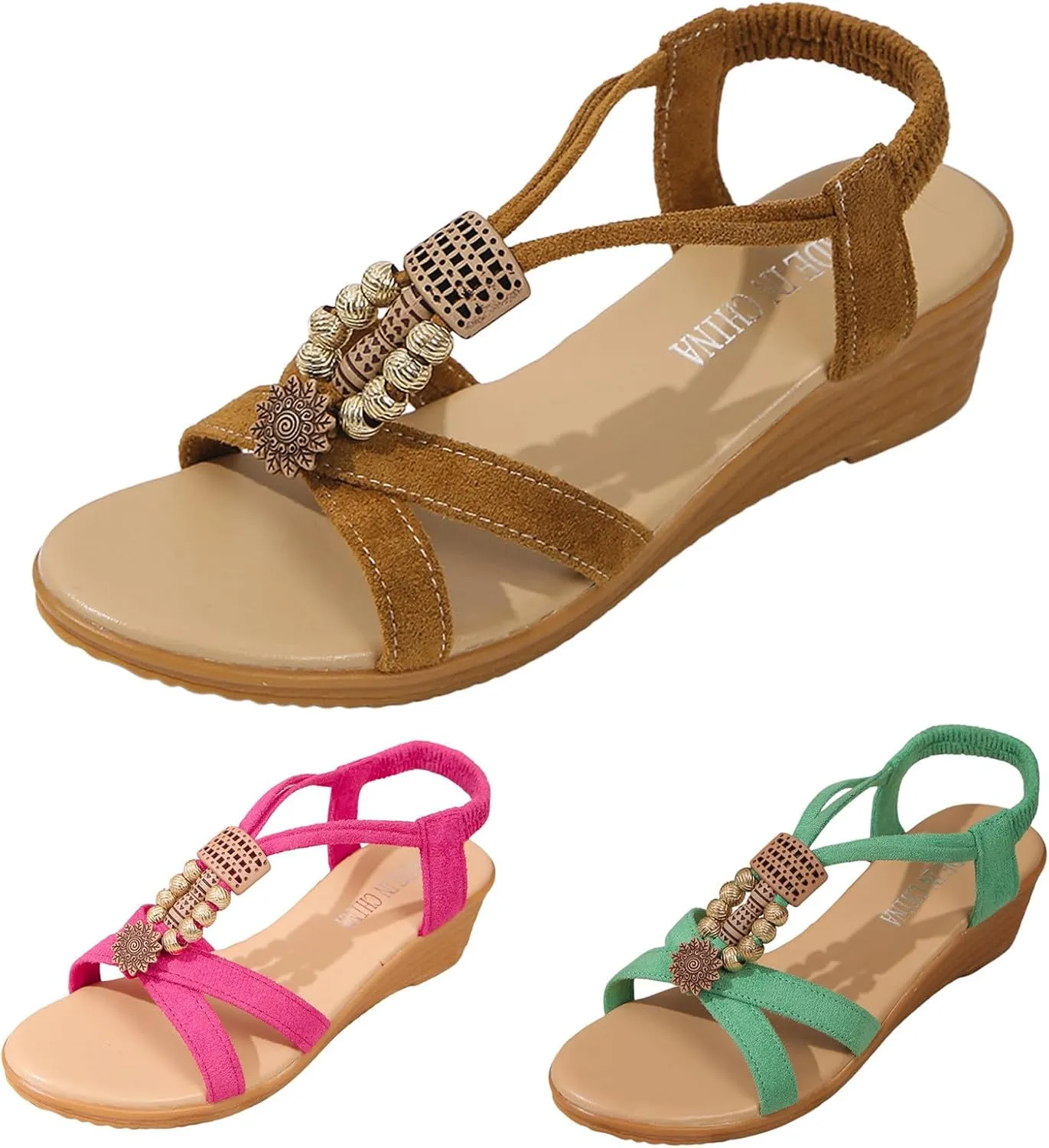 Women's Sandals Summer Wedge Sandals Bohemia Beach Sandals Elastic Ankle Strap Shoes Arch Support Open Toe Shoes