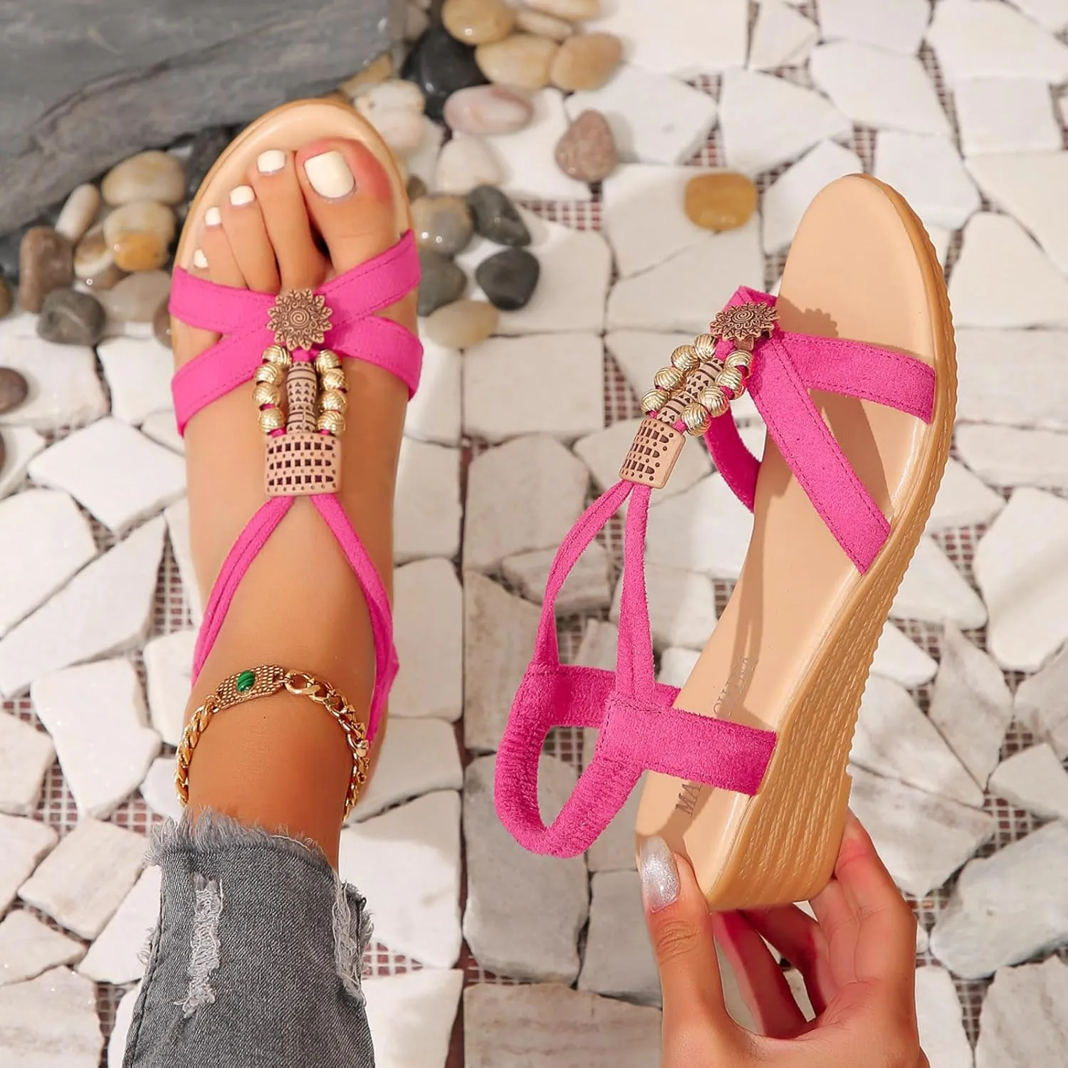 Women's Sandals Summer Wedge Sandals Bohemia Beach Sandals Elastic Ankle Strap Shoes Arch Support Open Toe Shoes