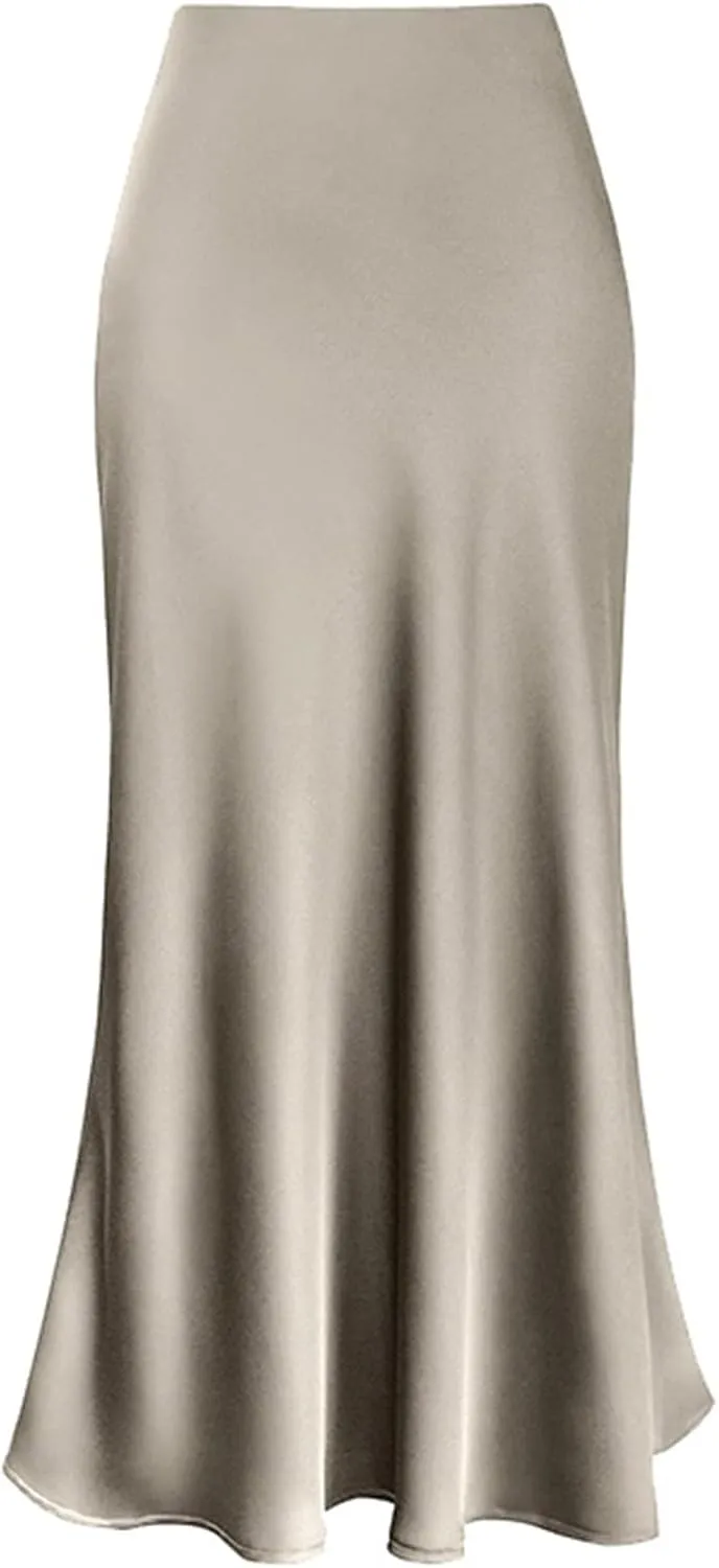 Women's Satin High Waisted Maxi Skirts Hidden Elasticized Waistband A Line Long Skirt Satin Maxi Skirts 2025