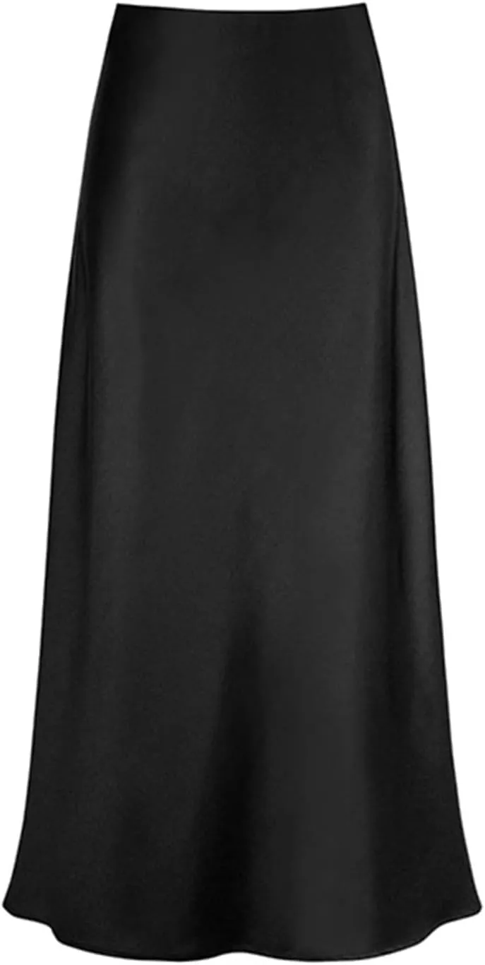 Women's Satin High Waisted Maxi Skirts Hidden Elasticized Waistband A Line Long Skirt Satin Maxi Skirts 2025