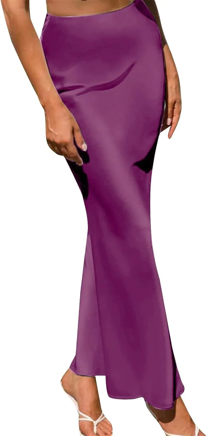 Women's Satin High Waisted Maxi Skirts Hidden Elasticized Waistband A Line Long Skirt Satin Maxi Skirts 2025
