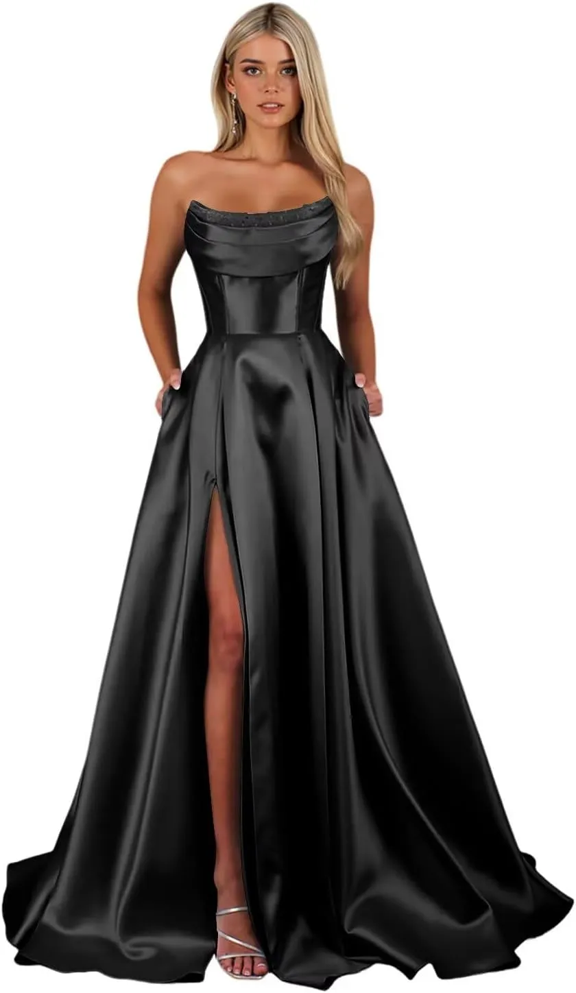 Women's Satin Prom Dresses with Slit Strapless Cowl Neck Corset Formal Dresses A Line Ball Gowns with Pockets XOD0456