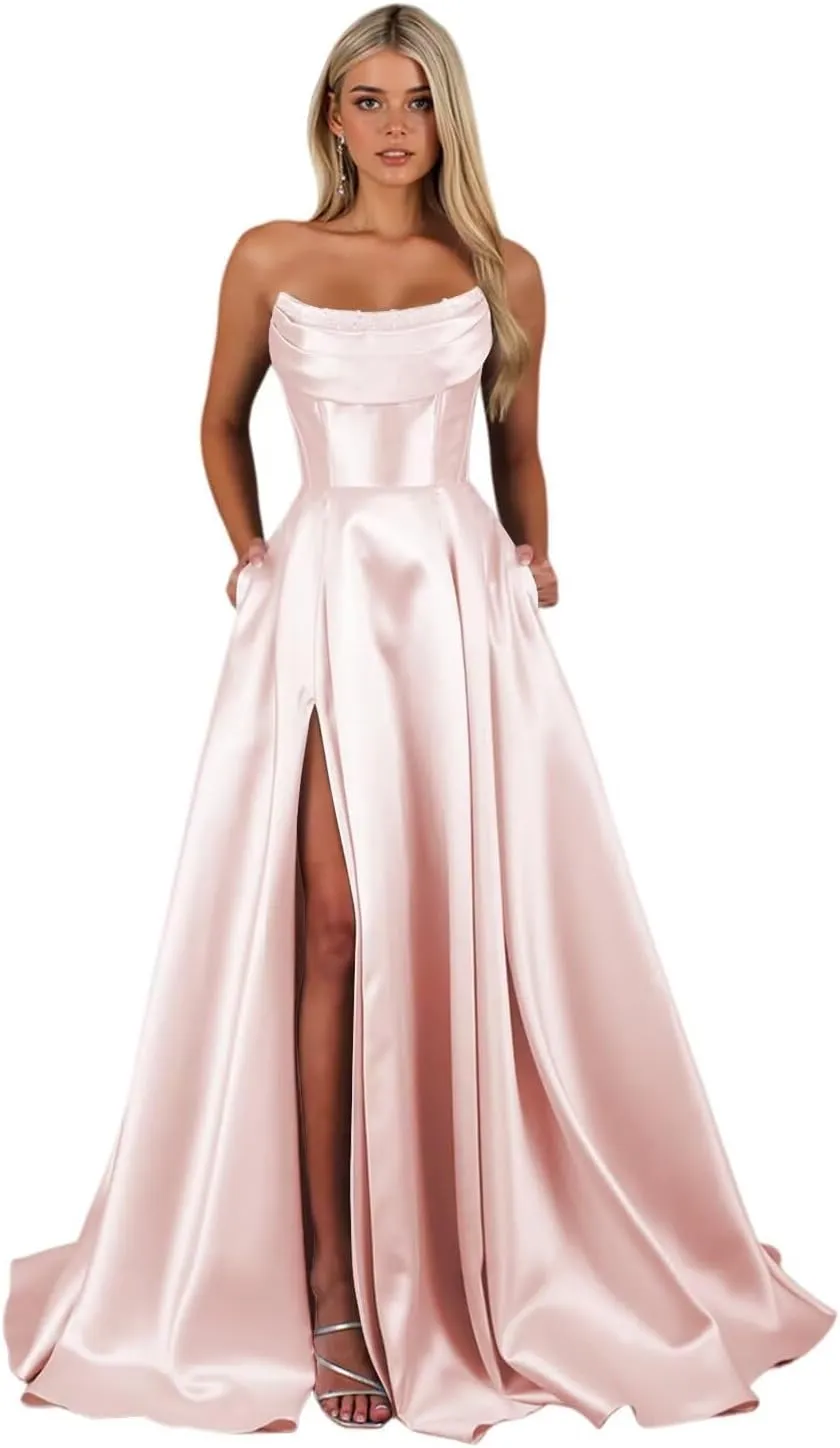 Women's Satin Prom Dresses with Slit Strapless Cowl Neck Corset Formal Dresses A Line Ball Gowns with Pockets XOD0456