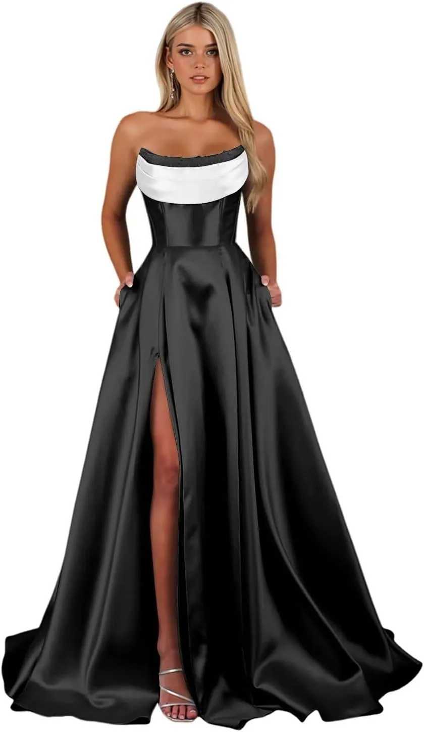 Women's Satin Prom Dresses with Slit Strapless Cowl Neck Corset Formal Dresses A Line Ball Gowns with Pockets XOD0456