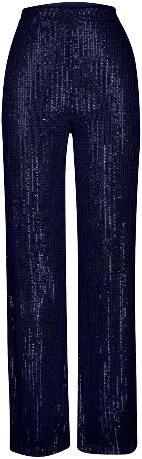 Womens Sequin Pants High Waist Wide Leg Pants Sequin Fashion Trousers Bling Bell Bottom Baggy Pants Party Night Club