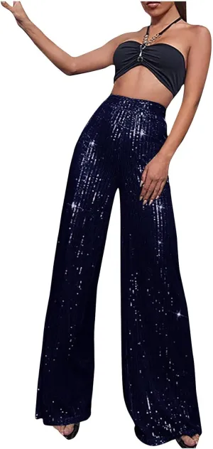 Womens Sequin Pants High Waist Wide Leg Pants Sequin Fashion Trousers Bling Bell Bottom Baggy Pants Party Night Club