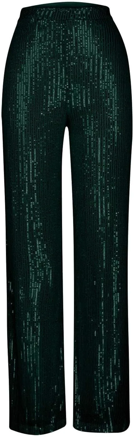 Womens Sequin Pants High Waist Wide Leg Pants Sequin Fashion Trousers Bling Bell Bottom Baggy Pants Party Night Club