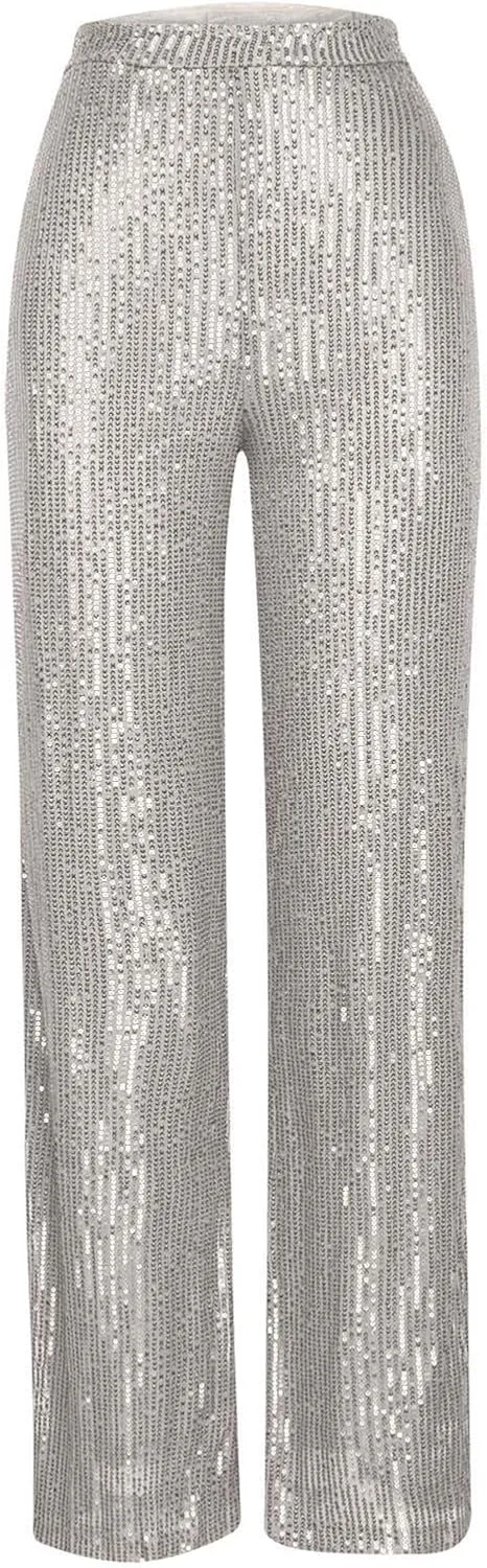 Womens Sequin Pants High Waist Wide Leg Pants Sequin Fashion Trousers Bling Bell Bottom Baggy Pants Party Night Club