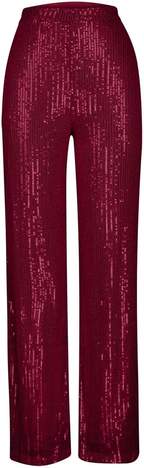 Womens Sequin Pants High Waist Wide Leg Pants Sequin Fashion Trousers Bling Bell Bottom Baggy Pants Party Night Club