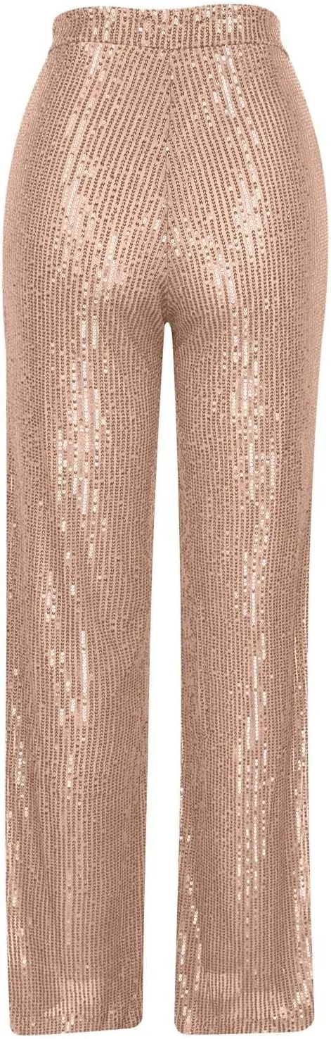 Womens Sequin Pants High Waist Wide Leg Pants Sequin Fashion Trousers Bling Bell Bottom Baggy Pants Party Night Club