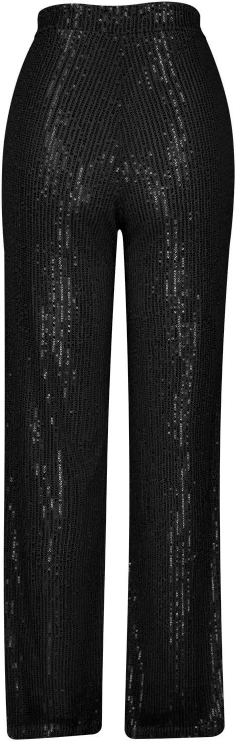 Womens Sequin Pants High Waist Wide Leg Pants Sequin Fashion Trousers Bling Bell Bottom Baggy Pants Party Night Club